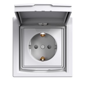 Asfora - single socket outlet with side earth - 16A lid, shutters IP44 white