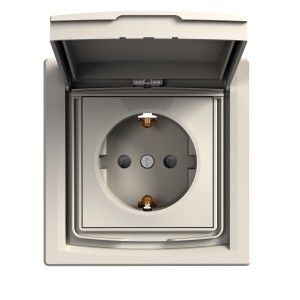 Asfora - single socket outlet with side earth - 16A lid, shutters IP44 cream
