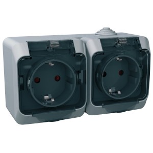 Cedar Plus - double socket-outlet sideE - 16A, shutters, transparent lid, grey