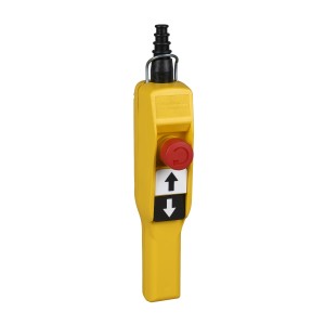 Pendant control station, plastic, yellow pistol grip, 2 push buttons + 1 emergency stop