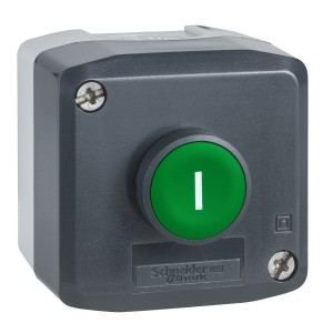 Control station, plastic, dark grey lid, 1 green flush push button Ø22, spring return, marked I, 1 NO
