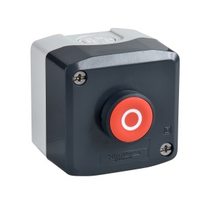 Control station, plastic, dark grey lid, 1 red flush push button Ø22, spring return, marked O, 1 NC