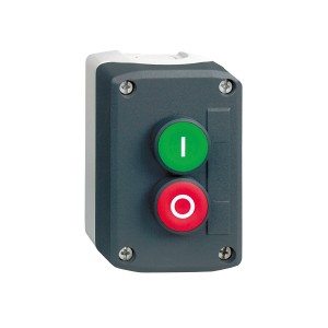 Control station, plastic, dark grey lid, 2 flush push buttons Ø22, marked I O, 1 NO + 1 NC