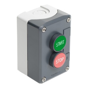 Control station, plastic, dark grey lid, 2 flush push buttons Ø22, marked START STOP, 1 NO + 1 NC