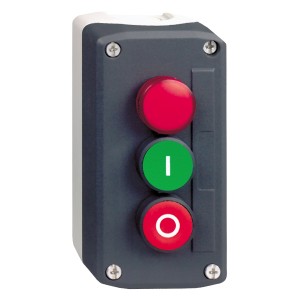 Control station, plastic, dark grey lid, 1 red pilot light, 1 green flush, 1 red flush push buttons Ø22