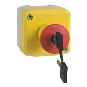 Control station, plastic, yellow lid, 1 red mushroom push button Ø40, key release, 2 NC