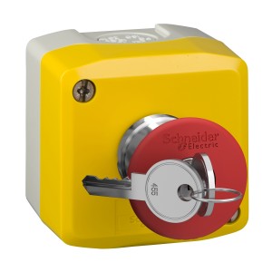 Control station, plastic, yellow lid, 1 red mushroom push button Ø40, key release, 1 NC