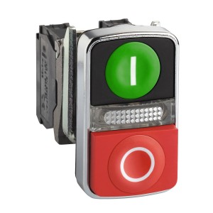 Illuminated double-headed push button, metal, Ø22, 1 green flush I + 1 pilot light + 1 red projecting O, 1 NO + 1 NC