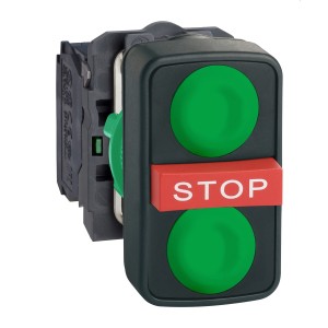 Triple-headed push button, plastic, Ø22, marked, 1 green flush I + 1 red projecting STOP + 1 green flush II, 2 NO + 1 NC