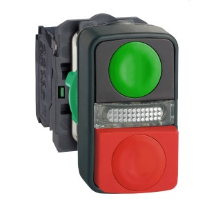 Illuminated double-headed push button, plastic, Ø22, 1 green flush I + 1 pilot light + 1 red projecting O, 1 NO + 1 NC