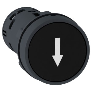 Monolithic push button, plastic, black, Ø22, spring return, marked DOWN ARROW, 1 NO