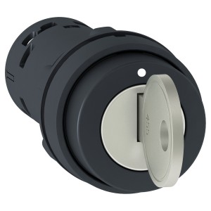 Monolithic key switch selector, plastic, black, Ø22, key n°455, 3 positions, stay put, 2 NO
