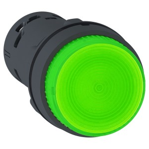 Monolithic illuminated push button, plastic, green, Ø22, integral LED, spring return, 110...120 V AC, 1 NO