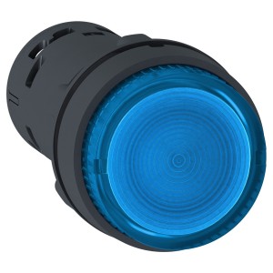 Monolithic illuminated push button, plastic, blue, Ø22, integral LED, spring return, 110...120 V AC, 1 NO