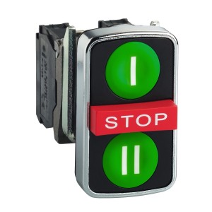 Triple-headed push button head, metal, Ø22, marked,1 green flush I + 1 red projecting STOP + 1 green flush II