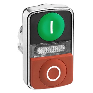 Illuminated double-headed push button head, metal, Ø22, marked, 1 green flush I + 1 pilot light + 1 red projecting O