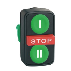 Triple-headed push button head, plastic, Ø22, marked, 1 green flush I + 1 red projecting STOP + 1 green flush II