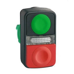 Double-headed push button head, plastic, Ø22, 1 green flush marked I + 1 red projecting marked O