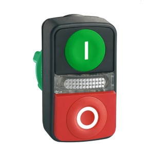 Illuminated double-headed push button head, plastic, Ø22, 1 green flush I + 1 pilot light + 1 red projecting O